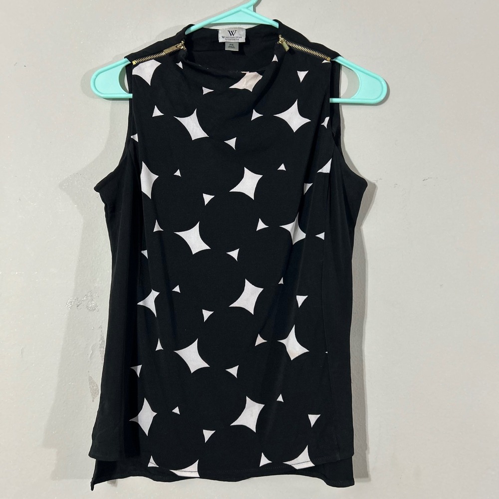 Worthington Petite Stretch Black White Geometric Print‎ Sleeveless Zipper Top PS